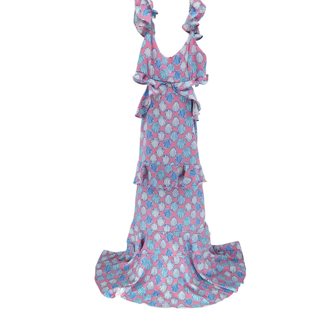 NEW Simply Southern Pink Blue Shell Print Ruffle Cut Out Maxi Dress Womens Small - Picture 2 of 10